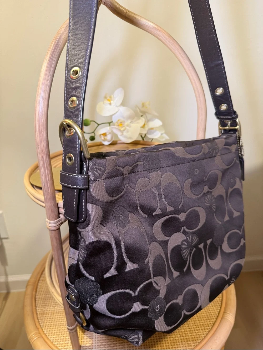 Rare Coach Signature Jacquard Shoulder Bag in Brown flowers butterfly